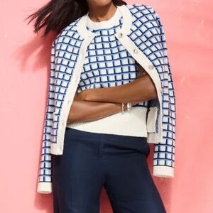 Talbots Textured Stitch Crewneck Cardigan Sweater Blue White Check All Cotton XL